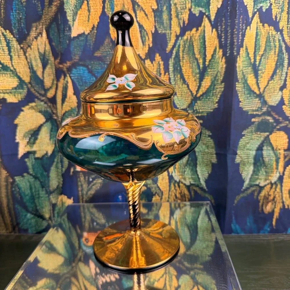 Vintage Venetian Murano Glass Compote Green Gold Hand Painted Floral‎ Candy Dish